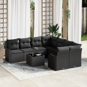 vidaXL 9-delat Trädgårdsoffaset med Kuddar Svart Poly Rattan