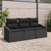 vidaXL 3-delars Trädgårdsset med Kuddar Svart Poly Rattan