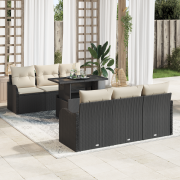 vidaXL 7-delars trädgårdsoffaset med kuddar svart poly rattan