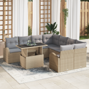 vidaXL 9-delad trädgårdsoffa med kuddar beige poly konstrotting