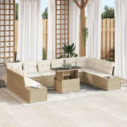 vidaXL 11-delars trädgårdsmöbelset med kuddar Beige Poly Rattan