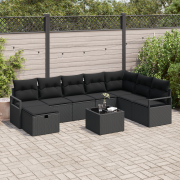 vidaXL 9-delad trädgårdsoff-set med kuddar svart poly rattan