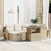 vidaXL 7-delad trädgårdsoffagrupp med kuddar beige poly rattan