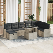 vidaXL 9-delat trädgårdsoff set med kuddar ljusgrå poly rattan, vidaXL...