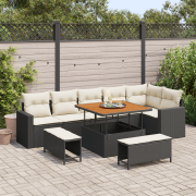 vidaXL 9 Delad Trädgårdsoff Set med Kuddar Svart Poly Rattan Akacia