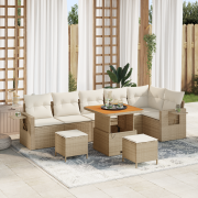 vidaXL 9-delad trädgårdsoffgrupp med kuddar Beige Poly Rattan Akacia