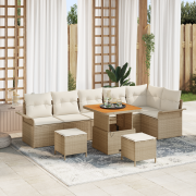 vidaXL 9-delat Trädgårdsoff set med Kuddar Beige Poly Rattan Akacia