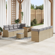 vidaXL 11-delat trädgårdsoffaset med kuddar, beige poly rattan, akacia