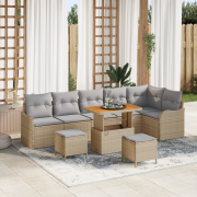 vidaXL 9 Delars Trädgårdsoff-set med Kuddar Beige Poly Rattan Akacia, ...