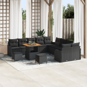 vidaXL 13-delad trädgårdsoffaset med kuddar svart poly rattan acacia, ...