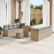 vidaXL 11-delars trädgårdssoffgrupp med kuddar beige polyrotting akaci...