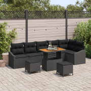 vidaXL 9 Delars Trädgårdsoff Set med Kuddar Svart Poly Rattan Akacia