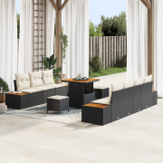 vidaXL 10-delad Trädgårdsoffagrupp med Kuddar Svart Poly Rattan Akacia...