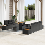vidaXL 10-delat trädgårdsoffasett med dynor, svart poly rattan
