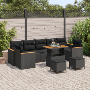 vidaXL 10-delat trädgårdsoff-set med kuddar svart poly rattan akacia