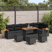vidaXL 10-delat trädgårdsmöbelset med kuddar svart poly rattan akacia