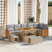 vidaXL 9-delars trädgårdssoffset med kuddar Beige Poly Rattan Akacia