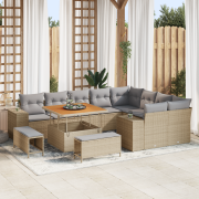 vidaXL 12-delars trädgårdsoffagrupp med kuddar Beige Poly Rattan Akaci...