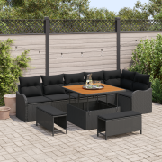 vidaXL 9 Delat Trädgårdsoffaset med Kuddar Svart Poly Rattan Acacia