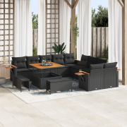 vidaXL 13-delars Trädgårdsofa Set med Kuddar Svart Poly Rottning Akaci...