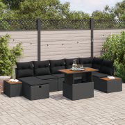vidaXL 8-delars Trädgårdsoffset med kuddar Svart Poly Rattan