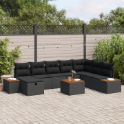 vidaXL 9 Delars Trädgårdsoffor-set med kuddar Svart Poly Rattan