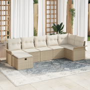 vidaXL 7-delars trädgårdsoffasats med kuddar beige poly rattan