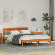 vidaXL Sängram med LED -remsljus med huvudgavel Vaxbrun 140 x 190 cm F...