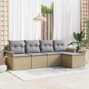 vidaXL Trädgårdsoffset med kudde 5 pcs Beige Poly rattan