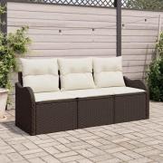 vidaXL Trädgårdsoffset med kudde 3 pcs Brun Poly rattan