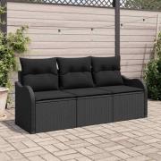 vidaXL Trädgårdsoffset med kudde 3 pcs Svart Poly rattan