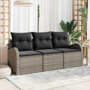 vidaXL Trädgårdsoffset med kudde 3 pcs Grå Poly rattan
