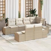vidaXL Trädgårdsoffset med kudde 7 pcs Beige och gräddvit Poly rattan