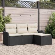 vidaXL Trädgårdsoffset med kudde med lagring 4 pcs Svart Poly rattan