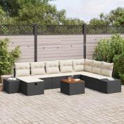 vidaXL Trädgårdsoffset med kudde med lagring 9 pcs Svart Poly rattan