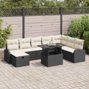 vidaXL Trädgårdsoffset med kudde med lagring 9 pcs Svart Poly rattan