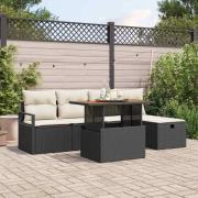 vidaXL Trädgårdsoffset med kudde med lagring 6 pcs Svart Poly rattan