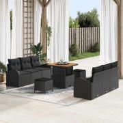 vidaXL Trädgårdsoffset med kudde 9 pcs Svart Poly rattan