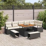 vidaXL Trädgårdsoffset med kudde 9 pcs Svart Poly rattan
