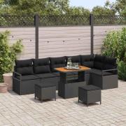 vidaXL Trädgårdsoffset med kudde 9 pcs Svart Poly rattan
