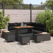 vidaXL Trädgårdsoffset med kudde 9 pcs Svart Poly rattan