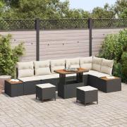 vidaXL Trädgårdsoffset med kudde 9 pcs Svart Poly rattan