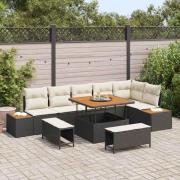 vidaXL Trädgårdsoffset med kudde med lagring 9 pcs Svart Poly rattan