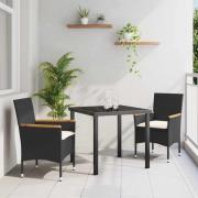 vidaXL Trädgårdsmöbelset med kudde 3 pcs Svart Poly rattan
