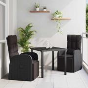 vidaXL Trädgårdsmöbelset med kudde 3 pcs Svart Poly rattan