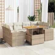 vidaXL Matgrupp för trädgården med dynor 7 delar beige konstrotting