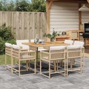 vidaXL Matgrupp för trädgården med dynor 9 delar beige konstrotting