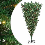 vidaXL Upp-och-ned konstgjord förbelyst julgran med bollar Grön 210 cm