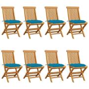 vidaXL Trädgårdsstolar med ljusblå dynor 8 st massiv teak
