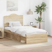 vidaXL Sängram med huvudgavel Sonoma-ek 90 x 200 cm Massiv furu